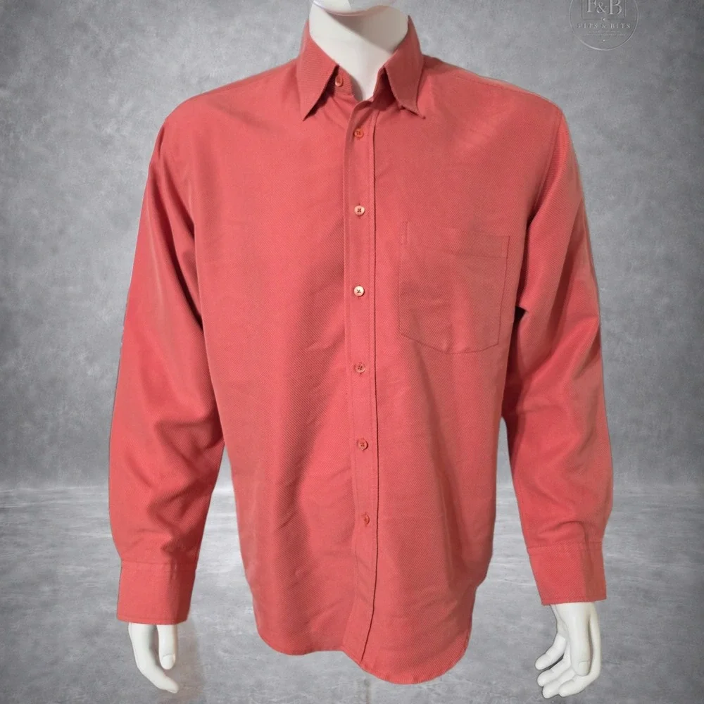 Bugatchi Uomo Mens Medium Coral Ribbed Textured Long Sleeve Button Down Shirt - Picture 2 of 10
